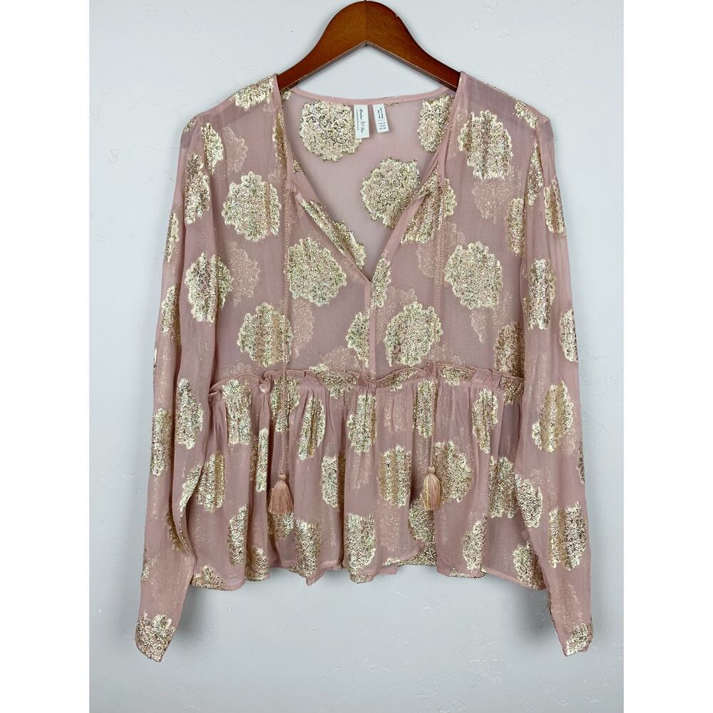 Meadow Rue Anthropologie Blouse Pink Gold Medallion Printed Top Women's 8